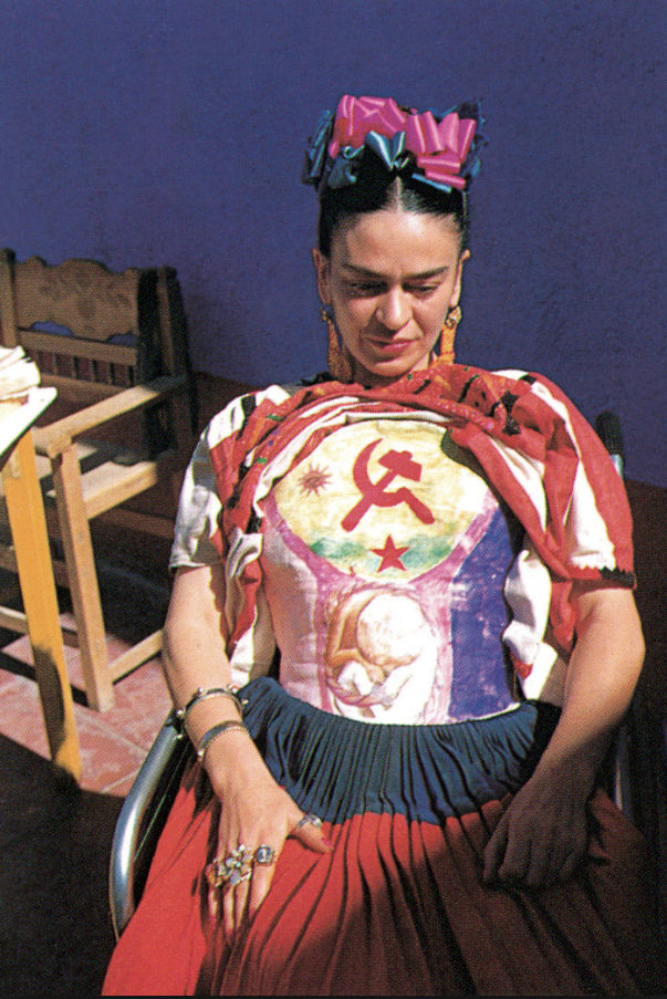 Frida Kahlo wearing a corset hand painted decorated with communist hammer and sickle