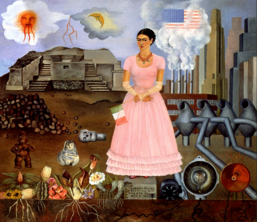 Frida Kahlo self portrait along the boarder line between